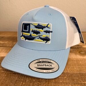 Huk Mesh Trucker Hat Cap Trophy Flag Blue White Snapback Yupoong Fishing Adjusts